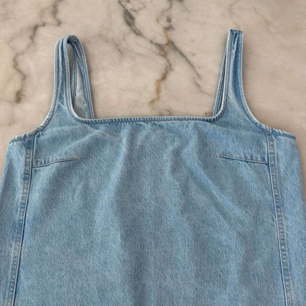 Zara Square Neck Light Blue Denim Mini Dress Sz L - Picture 7 of 11